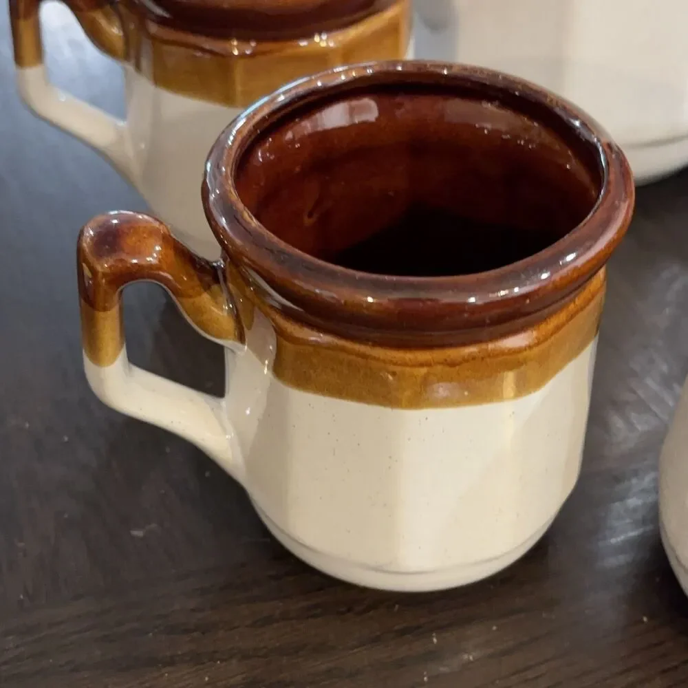 Coffee Pot and 5 Mugs Set Ceramic Octagonal Two-Tone Brown Cream Taiwan 9